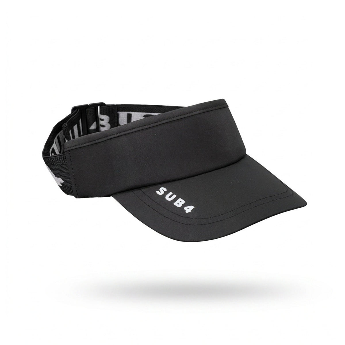 A black athletic visor with a curved brim and an adjustable black elastic back strap, featuring the white text 'SUB4' on the brim and 'SUB4' branding printed on the side of the strap, shown against a plain white background.