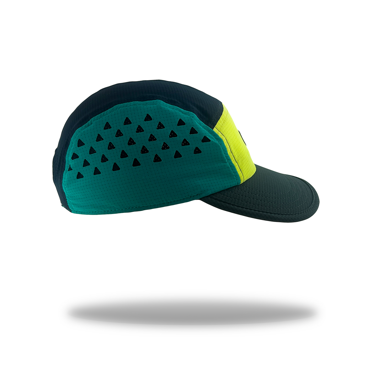 A dark teal and blue performance cap with a bright neon yellow-green side panel, shown floating against a white background with a soft shadow underneath.