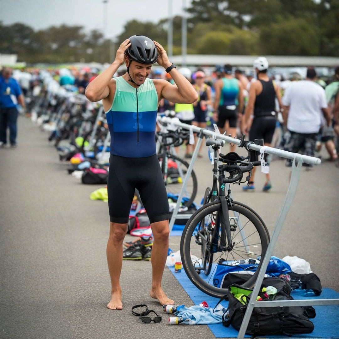 Athlete in triathlon gear preparing for a race with bicycles and equipment around.
