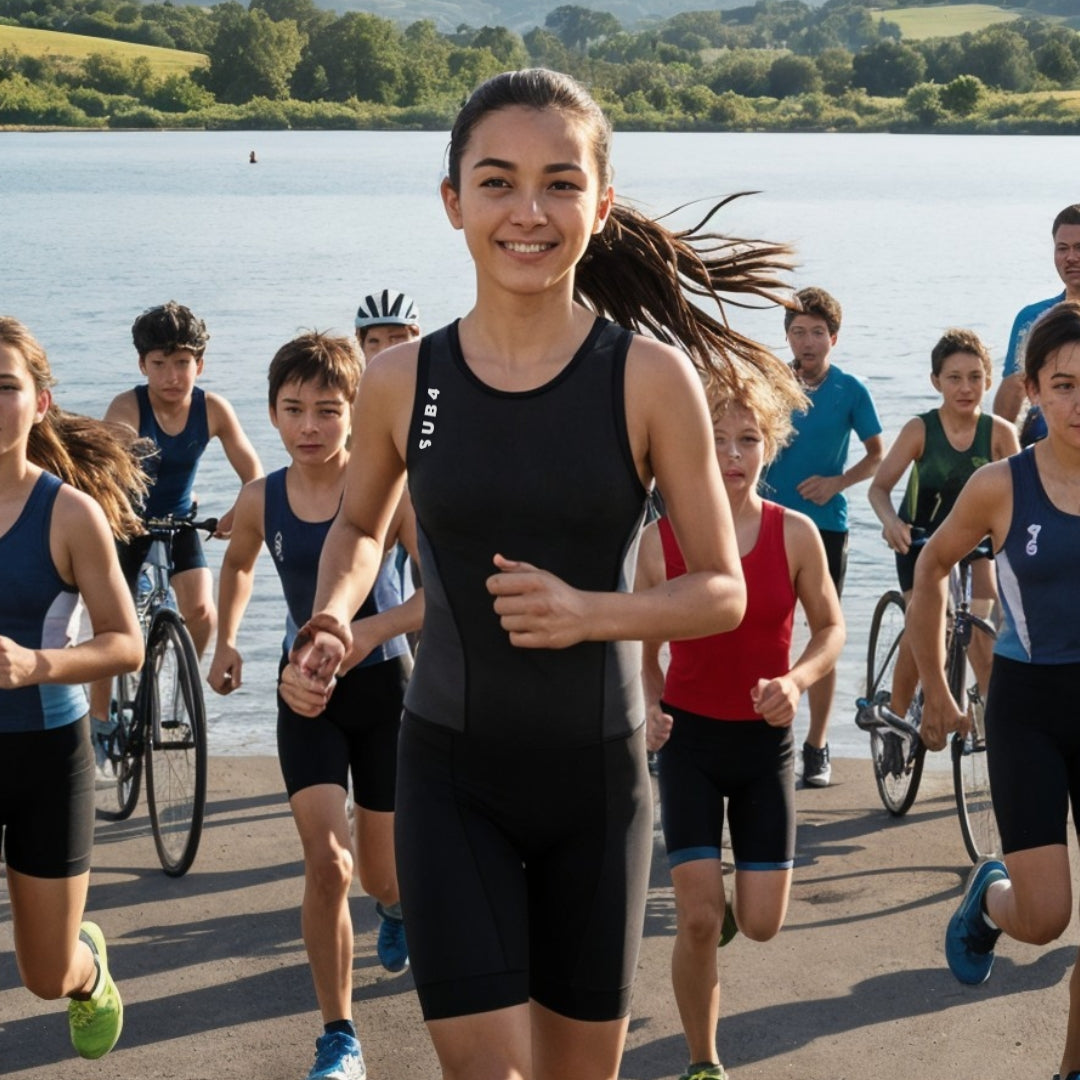 Group of young athletes participating in a triathlon by a lake