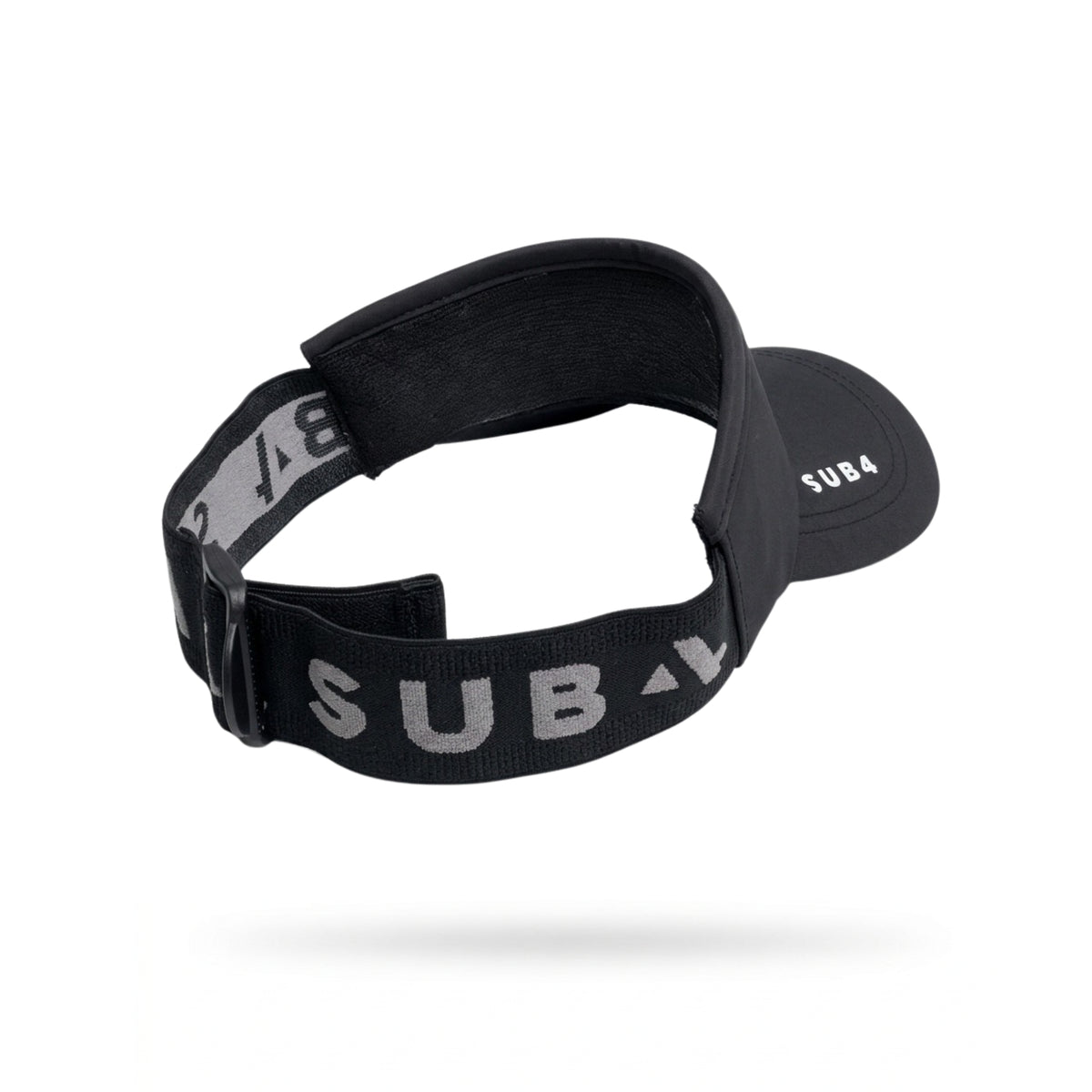 A black athletic visor with a wide, adjustable elastic strap featuring the brand name 'SUB4' in bold white letters. The visor itself has 'SUB4' printed on the side.