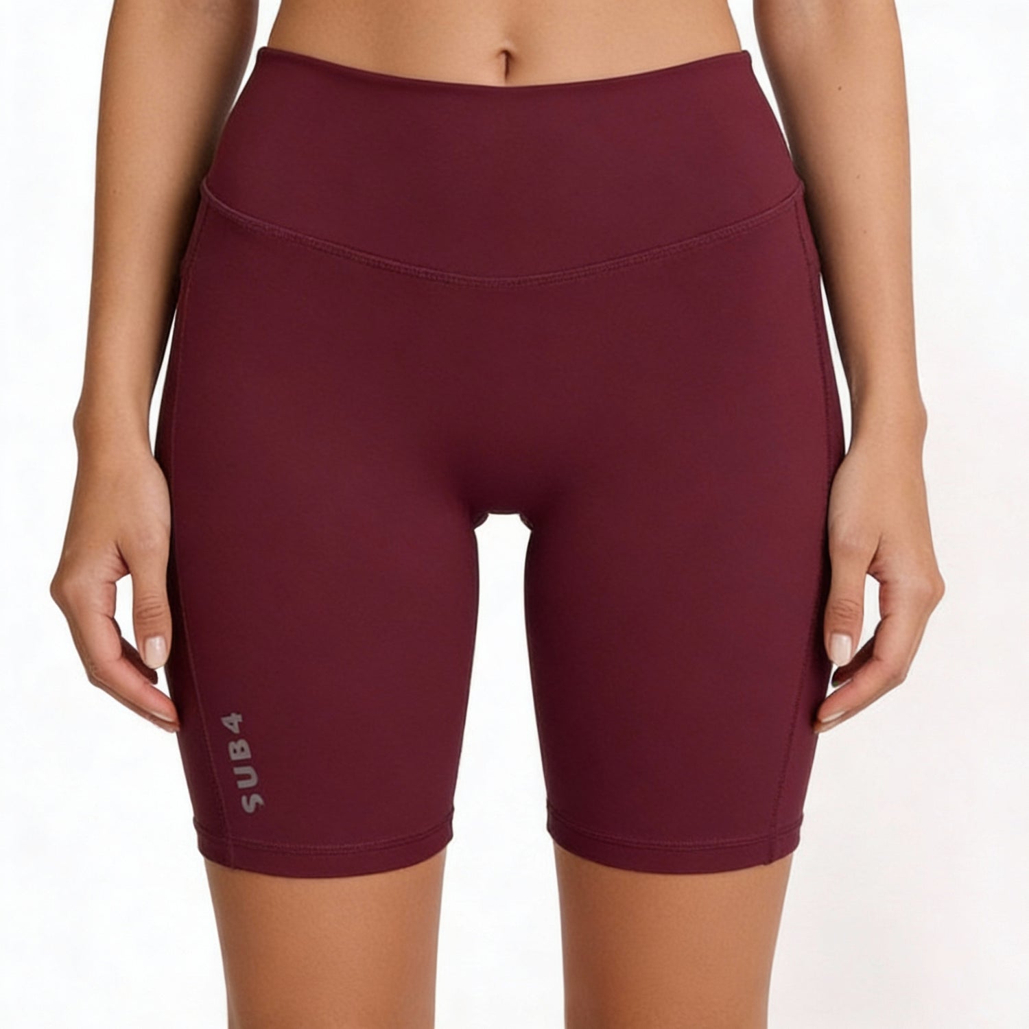 Maroon athletic shorts with Sub4 logo on a white background