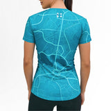 Person wearing a blue athletic running shirt with a Canberra map design on the back